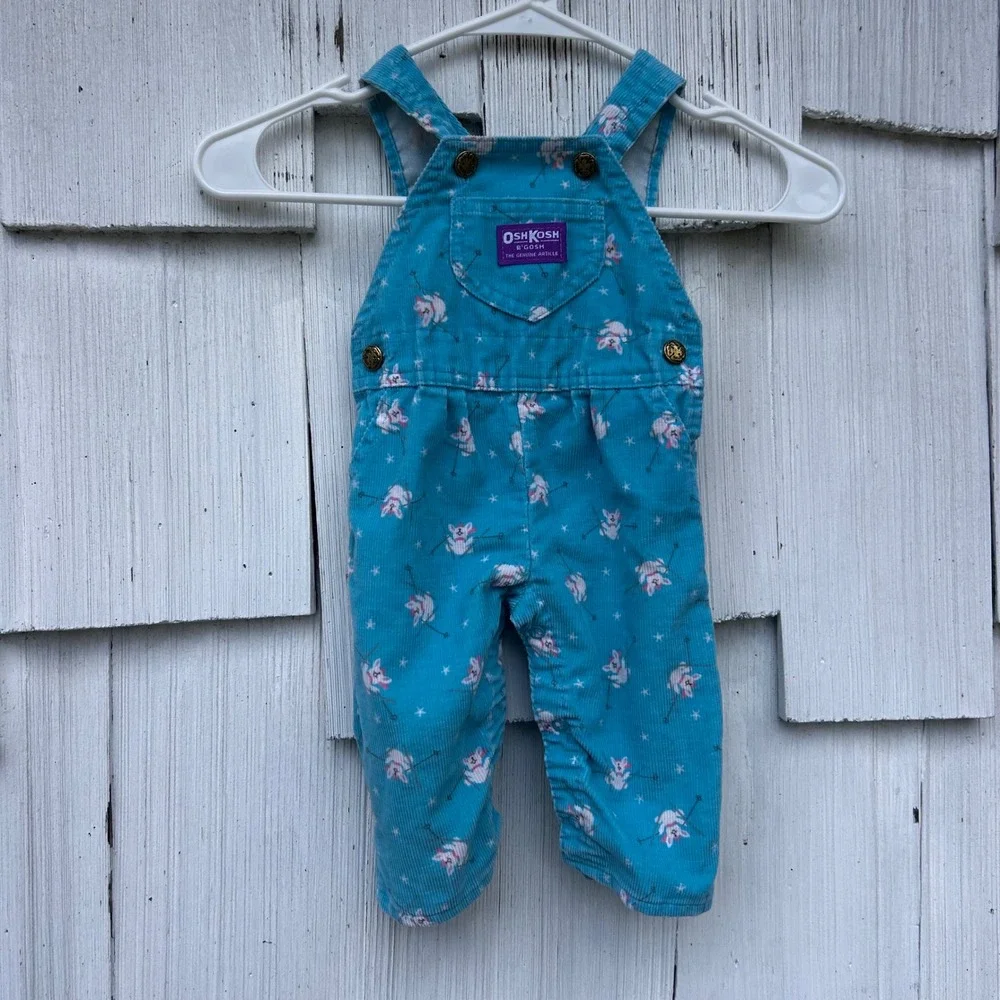 Vintage OshKosh B'gosh Baby Teal Bunny Corduroy‎ Overalls Size 3/6 Months